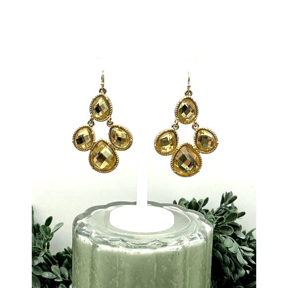 Gold-Toned Dangle Earrings With Faceted Yellow Resin Gemstones - Picture 2 of 5